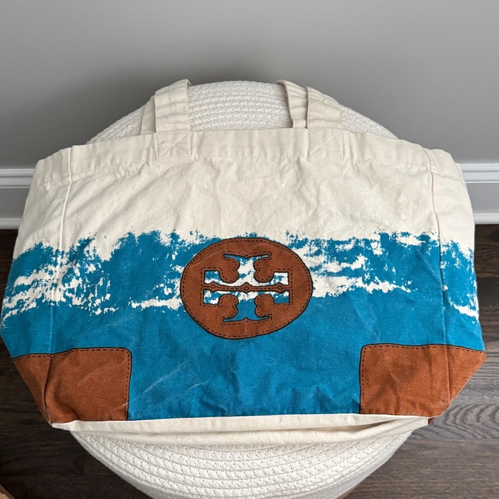Tory Burch Cream and Blue Cloth Tote